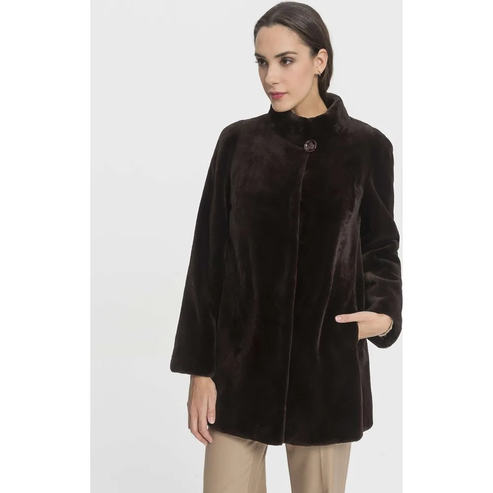 Abrigo de pelo de mujer de visón rasado con botón superior - De la Roca - FashionsVida