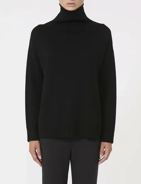 Maglia nera MM a collo alto in pura lana vergine con collo a cratere a coste - Max Mara - FashionsVida