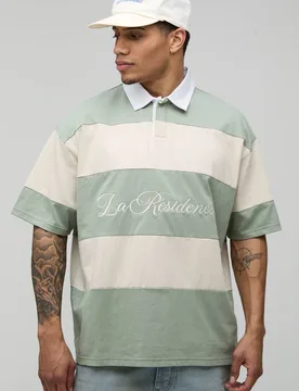 Herren Übergroßes La Residence Besticktes Gestreiftes Rugby-Polohemd Sage Größe Small - boohooMAN - FashionsVida