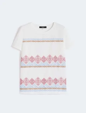 T-shirt girocollo Weekend bianca in cotone con inserto in lino sul davanti multicolor - Max Mara - FashionsVida