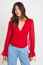 Womens Chiffon Tie Cuff Blouse - Red - Size 14 Uk