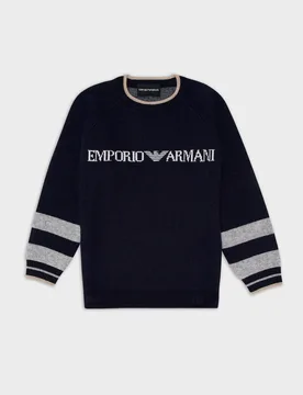Maglia blu girocollo in misto lana e cachemire con motivo a righe sulle maniche e logo jacquard 10-16 anni - Emporio armani - FashionsVida
