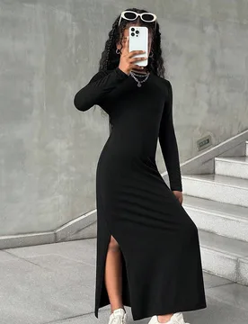 Vestido ajustado de cuello redondo casual de uso diario para niñas preadolescentes, color negro, ajuste ceñido, casual, para uso diario, con abertur - Shein - FashionsVida