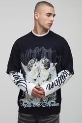 Herren Oversized Strass Großformat-Grafik Faux-Ärmel T-Shirt Black Größe Medium