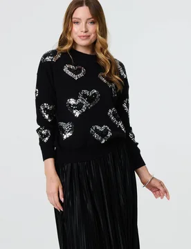 Heart Sequin Embellished Knitted Jumper - Black - Size: 10 - Izabel London - FashionsVida