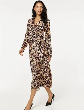 Women's Brown Leopard Wrap Midi Dress Size: Large - Multicolor - Size: L - Liquorish - FashionsVida