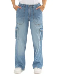 Womens Wide Leg Baggy High Waisted Cargo Pocket Jeans In Light Blue Denim - Size 10 Short