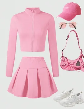 Conjunto de ropa deportiva para niñas preadolescentes, sudadera con cremallera y falda mini plisada, tela elástica, apta para deportes y uso casual, - Shein - FashionsVida