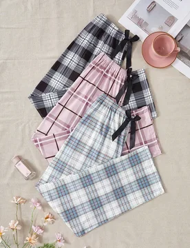 Set de 3 pantalones de pijama de mujer con estampado a cuadros y aleatorio, ropa de otoño e invierno - Shein - FashionsVida