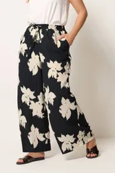 Floral Textured Wide Leg Trousers - Black - Size: 30-32