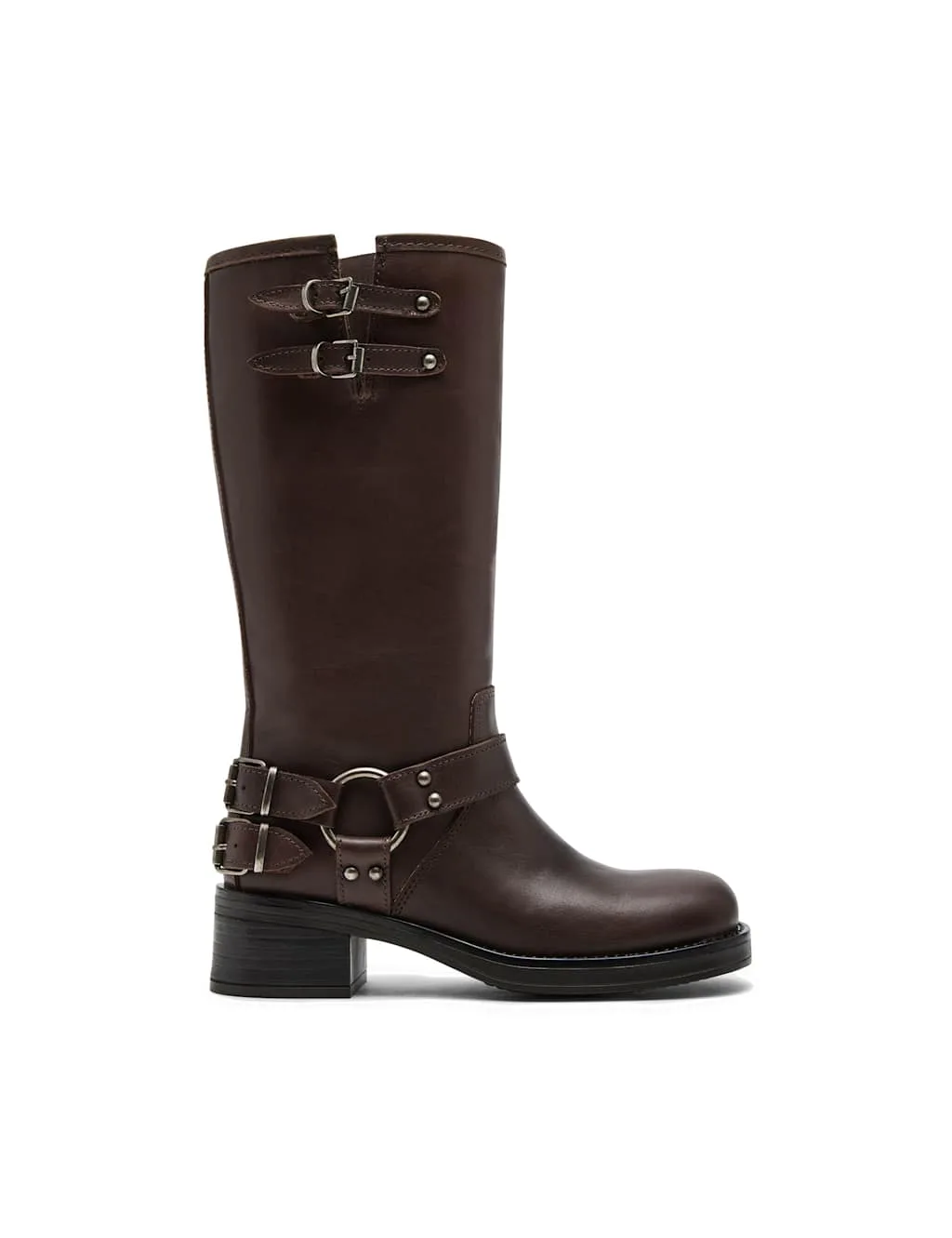 Leather Block Heel Square Toe Boots Brown female - Steve madden - FashionsVida