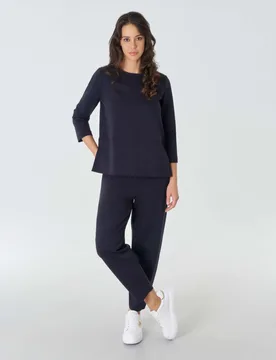 Felpa blu in misto viscosa lavorata a punto Milano con maniche tre quarti e spacchi laterali - Hlo! - FashionsVida