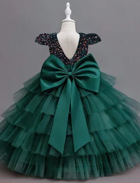 Vestido de Princesa para Niñas Jóvenes con Hermoso Lazo, Cuello en V, Malla con Lentejuelas, Falda Larga Esponjosa, Vestido de Princesa para Boda y - Shein - FashionsVida