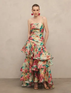 Vestido largo con volantes en gasa - Woman Fiesta El Corte Inglés - FashionsVida