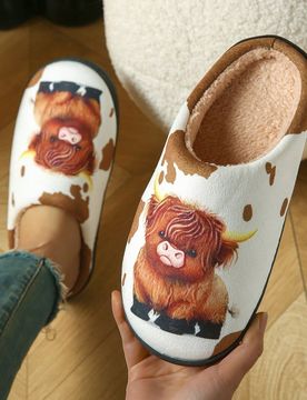 Pantuflas de vaca de las tierras altas lindas, gruesas y cálidas, pantuflas interiores unisex para mujeres, pantuflas esponjosas