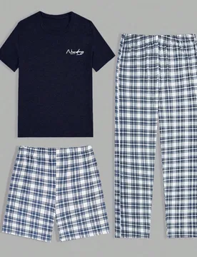 Conjunto de ropa de estar en casa de 3 piezas con camiseta regular, pantalón corto y pantalón con estampado a cuadros de algodón para hombre - Shein - FashionsVida