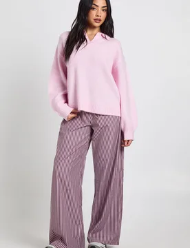 Womens Woven Stripe Elasticated Waist Wide Leg Trouser - Wine - Size 10 Uk - Boohoo - FashionsVida
