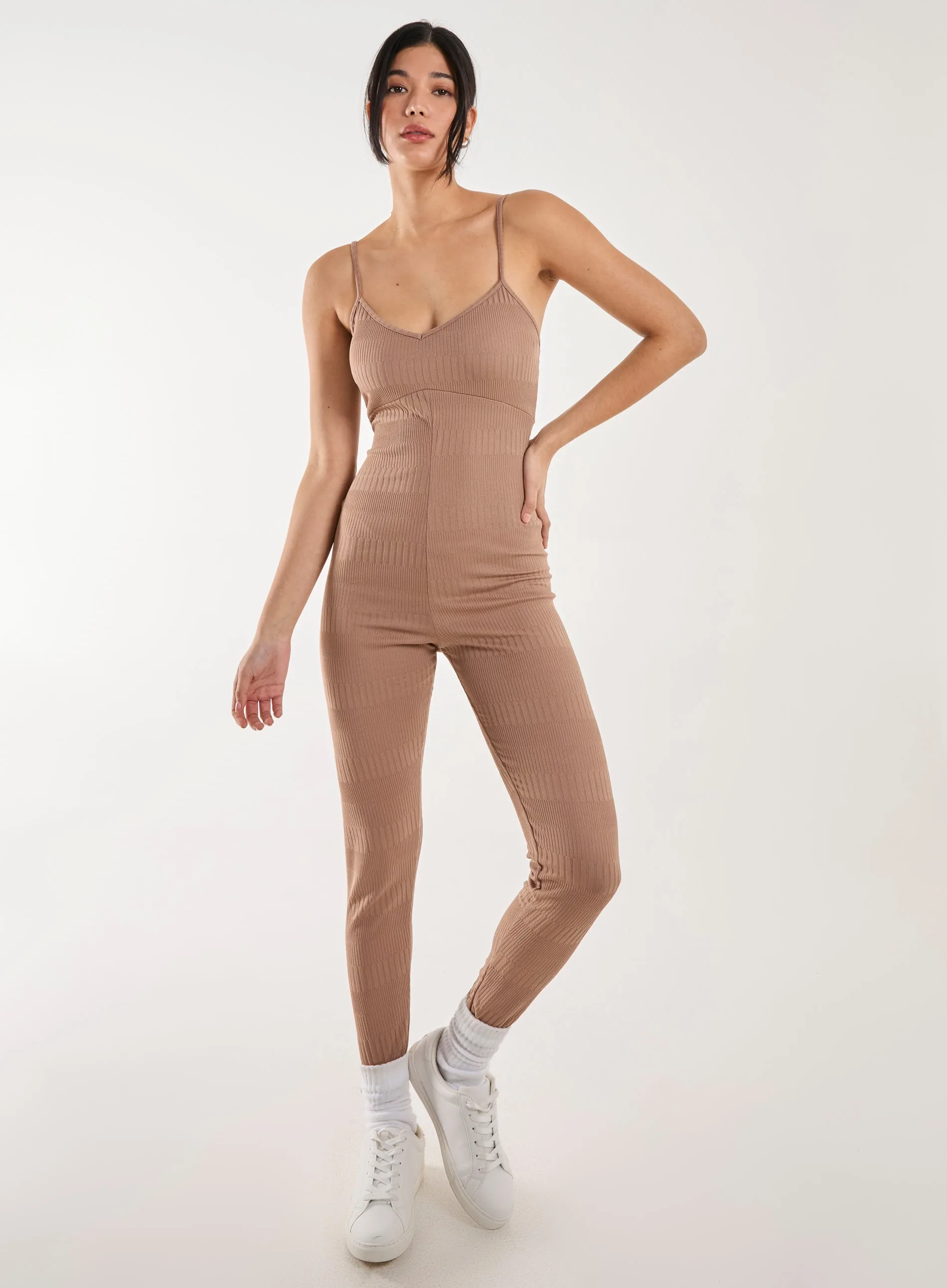 Womens Ribbed Bodycon Unitard All In One - Mocha - Size Small - Pink Vanilla - FashionsVida