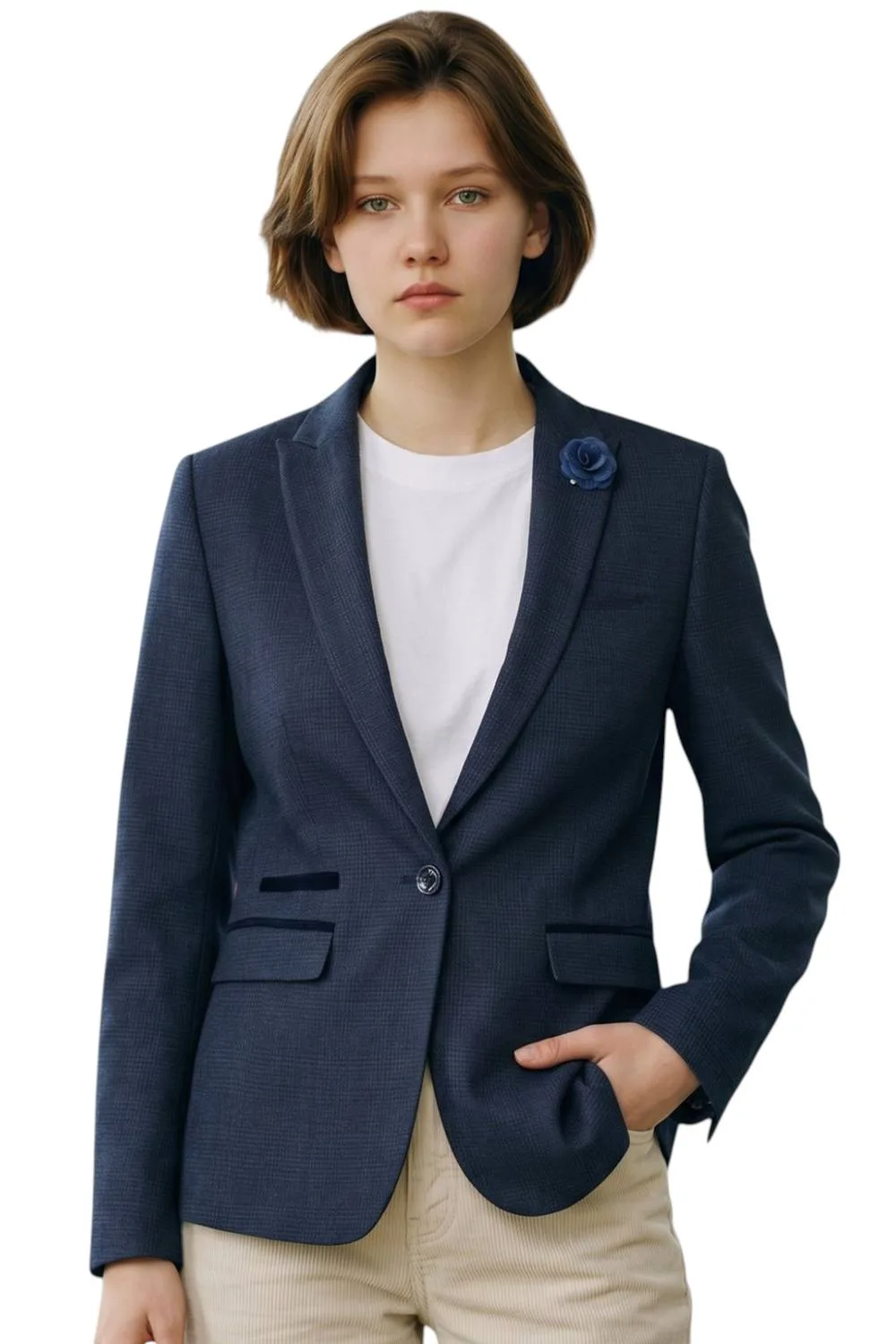 Women's Check Wool Blend Herringbone Tweed Tailored Blazer - Caridi in Navy Size: 20 - Navy - Size: 20 - Infinity Leather - FashionsVida