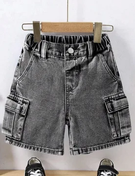 Pantalones cortos de cargo de mezclilla lavada de utilidad para niños jóvenes en verano, diseño de pierna recta holgada con cintura elástica - Shein - FashionsVida