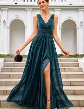 Sparkly V Neck Bridesmaid Maxi Dress - Teal - Size: M - FS Collection - FashionsVida
