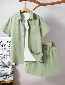 Set de 2 piezas de camisa de manga corta y pantalones cortos de punto texturizado cómodo para adolescentes, ropa de primavera - Shein - FashionsVida