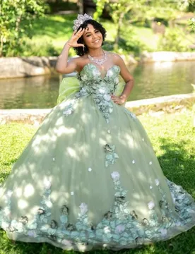 Mint green Quinceanera Dress off-shoulder 3D flower layering Long tail Bow vestidos de 15 Quinceanera ﻿Customize - Aliexpress - FashionsVida
