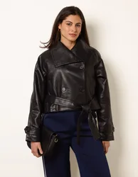 Double Breasted Leather Look Jacket - M / BLACK - female