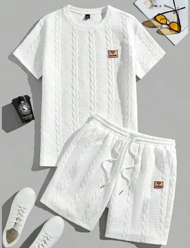 Conjunto de dos piezas básico de punto liso, casual, con parches y manga corta para hombre, edición de ropa urbana de verano - Shein - FashionsVida