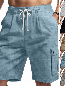Men Linen Shorts Men's Solid Color Cargo Short Pants with Elastic Waist Pockets for Travel Leisure Wide Leg Summer Beach Shorts - Aliexpress - FashionsVida