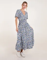 Ditsy Floral Wrap Front Shirred Waist Maxi Dress - M/L / BLUE PATTERN - female