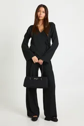 Womens Textured Wrap Front Long Sleeve Top And Trouser Co Ord - Black - Size 10 Uk