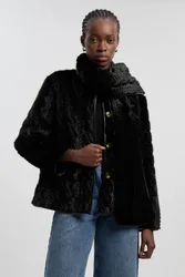 Textured Faux Fur Scarf Neck Coat - Black - Size: 10
