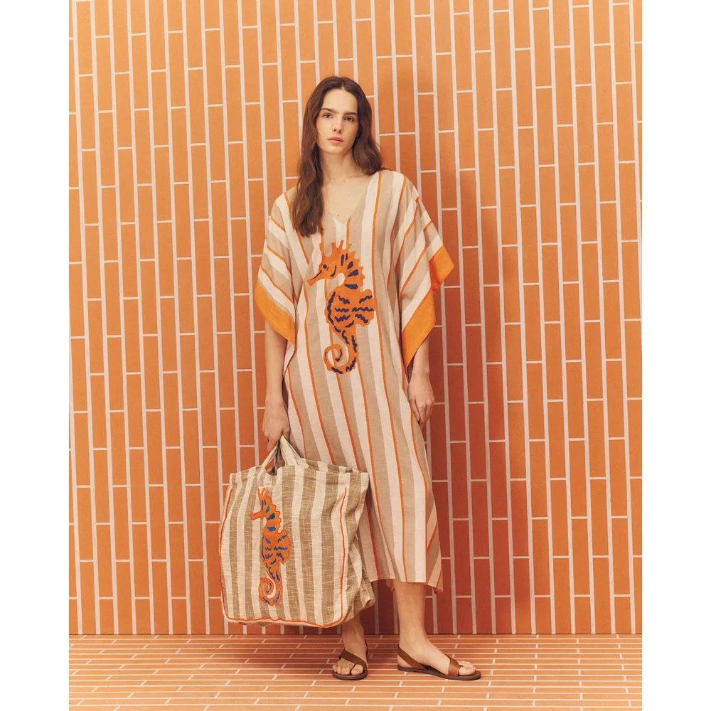 Kaftán de rayas con detalles de caballitos de mar - Stella Rittwagen - FashionsVida