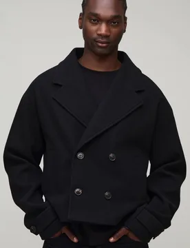 Herren Hoher Zweireihiger Kurz Geschnittener Melton-Mantel Black Größe Medium - boohooMAN - FashionsVida