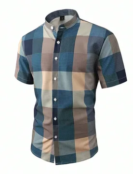 Camisa de manga corta a cuadros casual y de negocios para hombres, para uso diario en verano. Camisa de manga corta casual con botones para hombres, d - Shein - FashionsVida