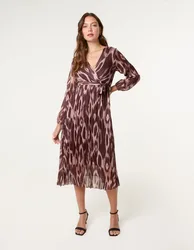 Womens Crossover Metallic Pleated Dress - Chocolate - Size Small