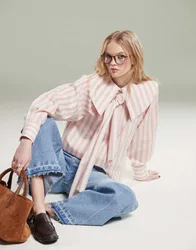 Womens Shirt With Large Collar And Tie Detail In Pink Stripe - Size 8 Uk