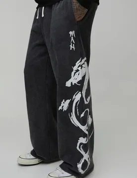 Men's Tall Wide Leg Graphic Washed Joggers Charcoal Size Medium Charcoal M - boohooMAN - FashionsVida