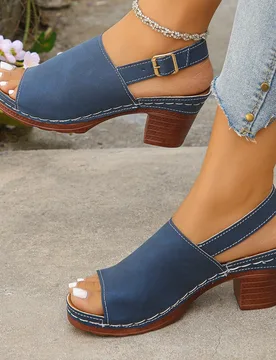 Sandalias de tacón grueso con punta redonda estilo romano, estilo abierto y hebilla en azul marino para mujer de talla grande - Zapatos de tacón alt - Shein - FashionsVida