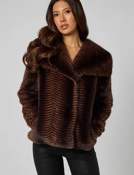 Women's Brown Pattern Stripe Faux Fur Jacket Size: 16 - Brown - Size: 16 - Urban Bliss - FashionsVida
