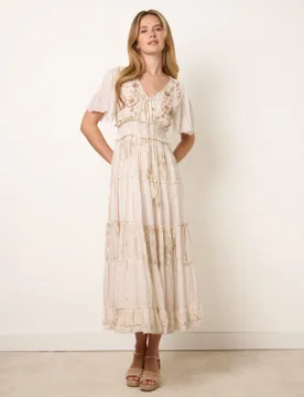 Embellished Midi Dress - S/M / BEIGE - female - Blue Vanilla - FashionsVida