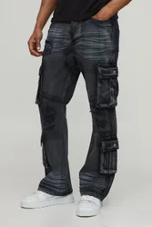 Mens Crease Wash Slim Flare Cargo Jeans - Charcoal Cotton - Size 34 Regular