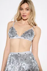 Womens Premium Mixed Sequin Embellished Bralet - Silver - Size 14 Uk