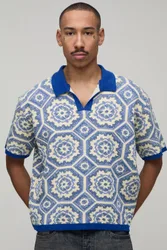 Herren Übergroßes Kastenförmiges Häkelstrick-Poloshirt Aus Baumwollmischung Yellow Größe Small