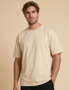 T-shirt boxy in cotone in tessuto interlock - beige