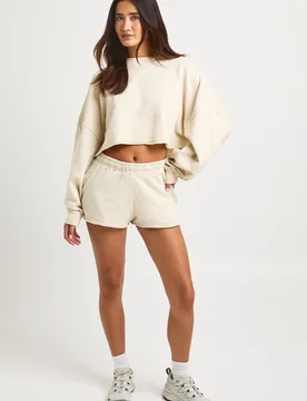 Womens Washed Distressed Hem Boxy Crop Sweatshirt Short Tracksuit - Beige Cotton - Size X-Large - Boohoo - FashionsVida