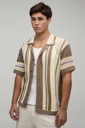 Herren Locker Geschnittenes Hemd Mit Offenem Strickmuster Und Streifen Im Reverskragen-Stil Taupe Größe Large