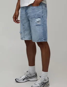 Herren Locker Geschnittene Steife Jeans Hosen-Shorts Mit Paneelen Und Rissen Washed Blue Größe 36 - boohooMAN - FashionsVida