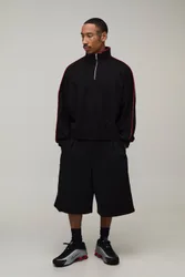 Mens Extreme Oversized Quarter Zip Funnel Neck Jort Tracksuit - Black Cotton - Size Large